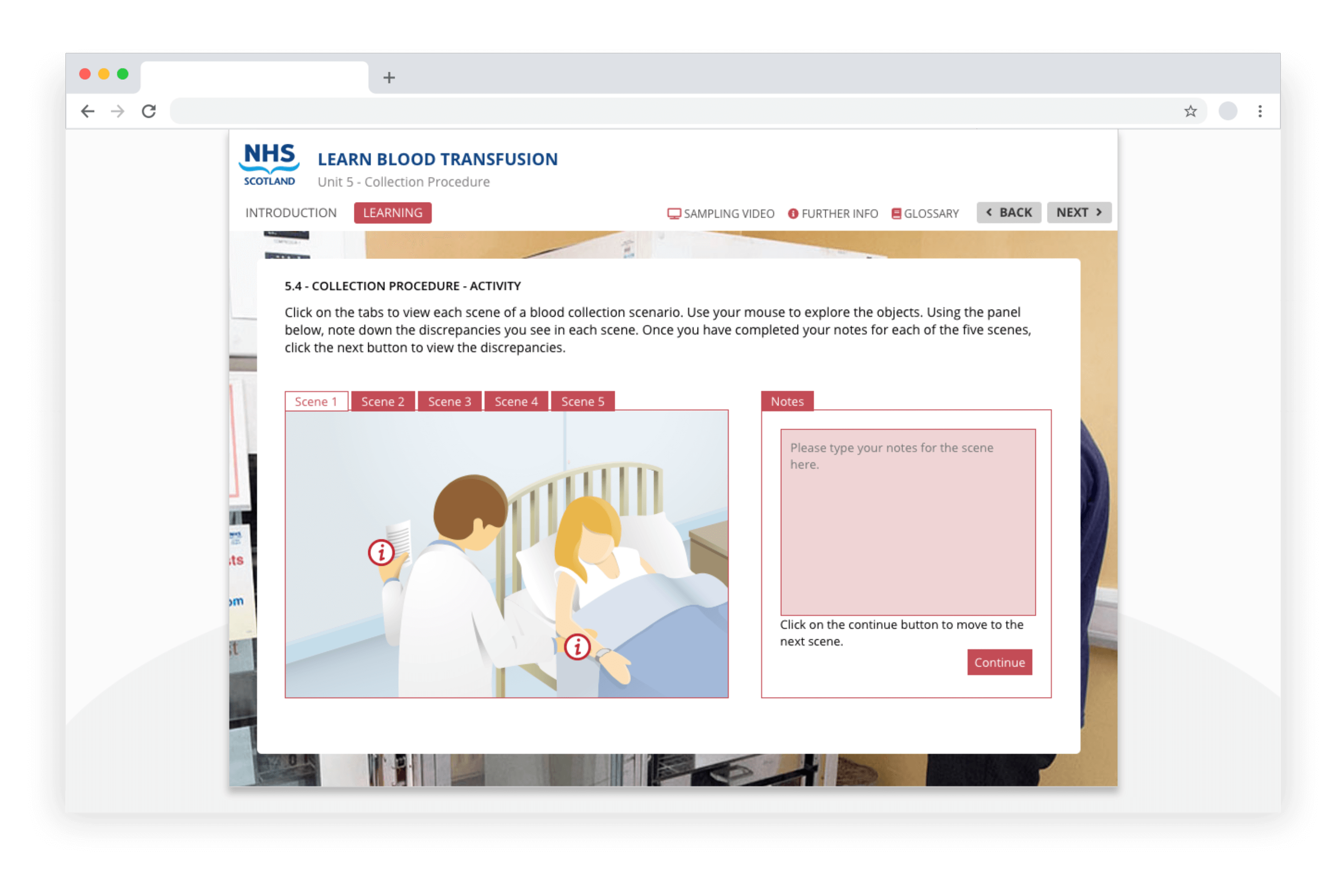 Example e-learning showing a Distress Brief Intervention course developed in LAB Advanced
