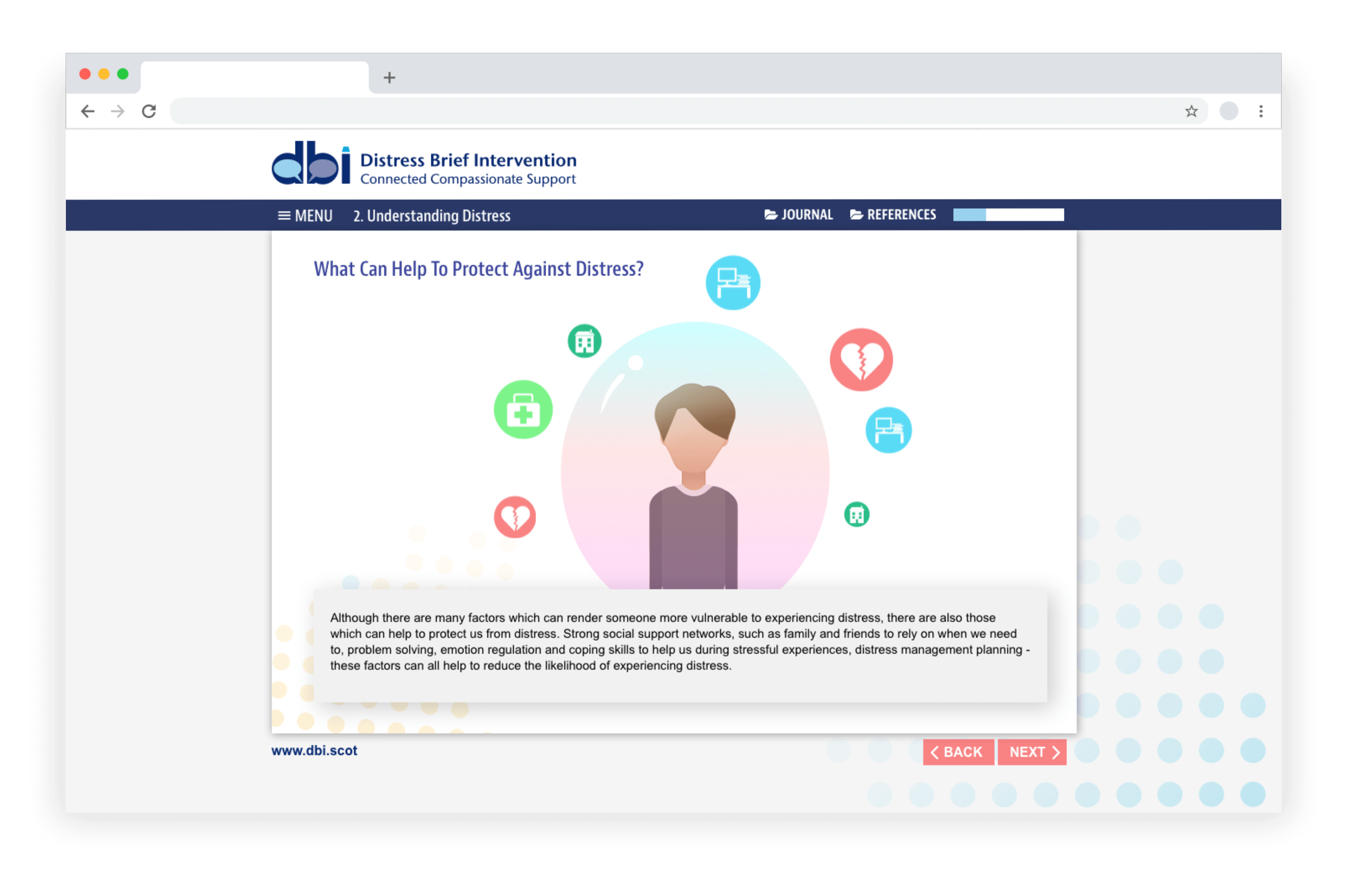 Example e-learning showing a Distress Brief Intervention course developed in LAB Advanced