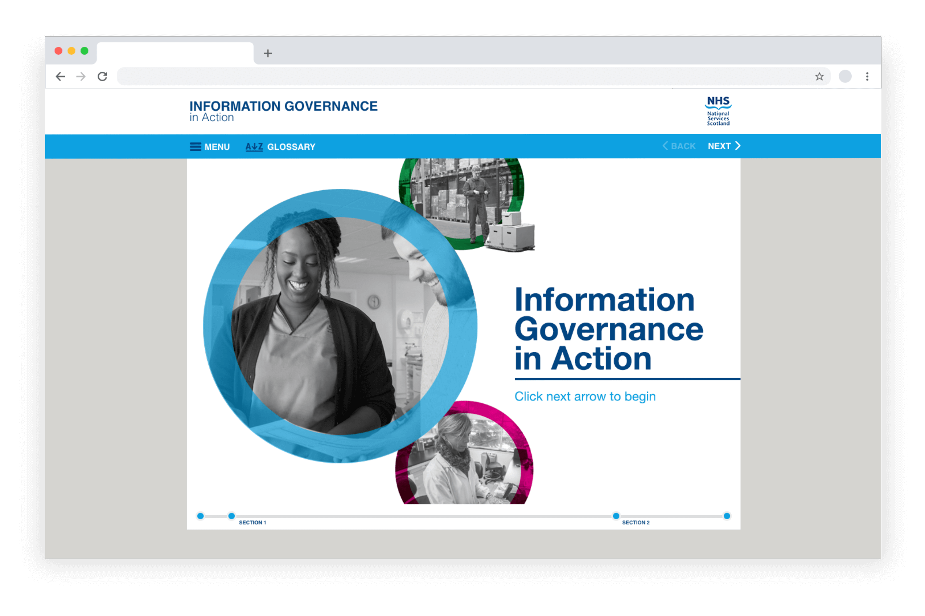 Example e-learning showing an Information Governance course developed in LAB Advanced