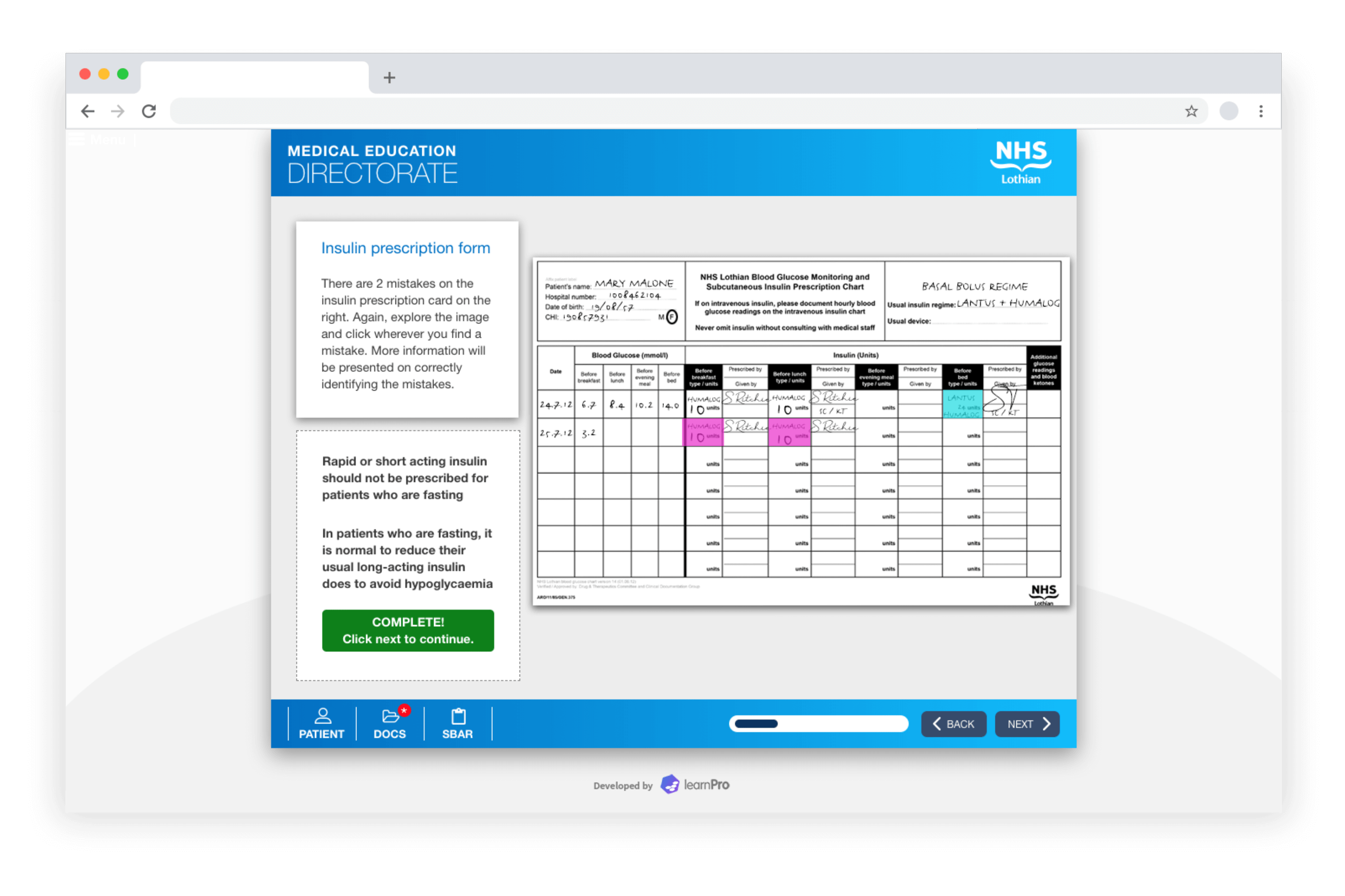 Example e-learning showing a Doctors Induction course developed in LAB Advanced